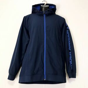 美品☆UNDER ARMOUR/アンダーアーマー☆ウインドジャケット☆パーカー☆袖ロゴ/裏地付き/防寒/ジャージ/ゴルフウェア/紺×青/大きめ/3XL