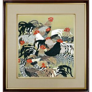 Art hand Auction 伊藤若冲｢群鶏図｣ 複製色紙額 特殊工芸画 額入り K10-065, 絵画, 日本画, 花鳥, 鳥獣