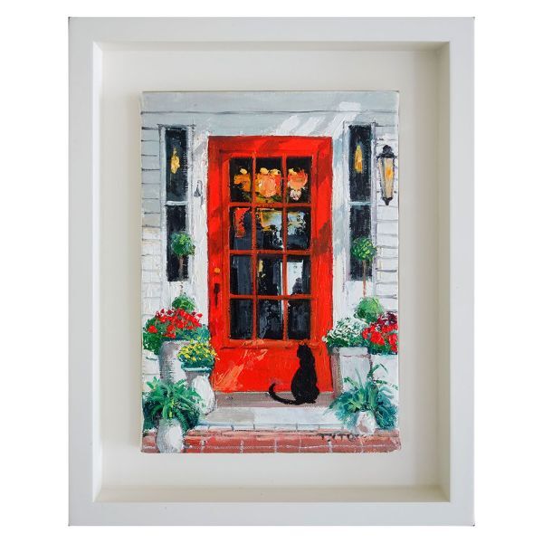 Oil painting Takumi Ito Cat in front of the cafe SM issue Framed oil painting hand-painted hand-painted landscape painting cat cute red door small picture, painting, oil painting, animal drawing