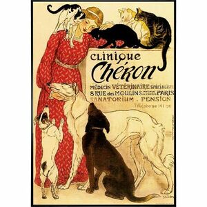 スタンラン「シェロン動物病院 Clinique Cheron」イタリア製 印刷ポスター 額付き 新品 アートフレーム アールヌーボー 犬と猫 y434