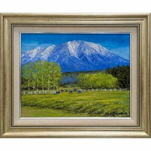 Art hand Auction 油彩画 F6号 小川久雄｢岩手山を望む｣ 油絵 真筆 額入り 風景画 肉筆画 手描き 岩手県 小岩井農場 牛 冬山 冠雪 應美会, 絵画, 油彩, 自然, 風景画