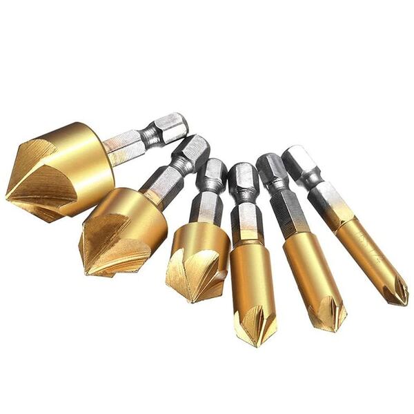 『送料無料』皿取りビット ドリルビット 六角軸 HSS鋼 6~19mm 穴あけ工具 下穴錐 座ぐり チタンコーティング 5枚刃 6本セット e