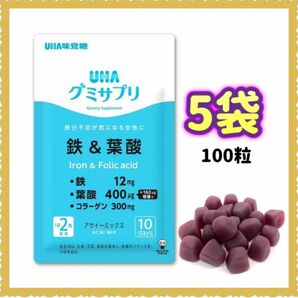 UHA味覚糖 グミサプリ 鉄&葉酸 5袋(100粒) 鉄分グミ　50日分