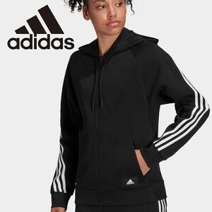 ★アディダス adidas 新品 レディース スリーストライプス フード付き トラックトップ パーカー 黒 Lサイズ [H57287-L] 二 弐★QWER