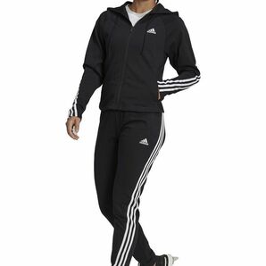 ★アディダス ADIDAS 新品 レディース 人気ライン 裏毛 トラックスーツ パーカー ジャケット 上下セット 黒 [SETH67030-L] 五 弐★QWER★の画像2