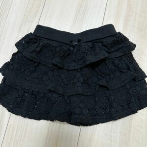 80cmレース3段フリルティアードキュロット黒レースコットンフリル スカート 黒 キッズ ショートパンツ パンツ 子供服古着