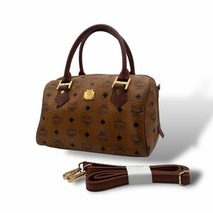 1円スタート MCM エムシーエム 2WAY ショルダー バッグ モノグラム ミニボストンバッグ レザー ブラウン 斜めがけ クロスボディ レディース