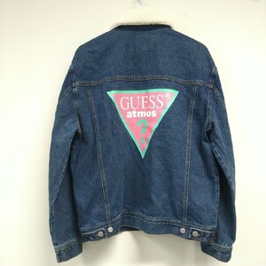 (^w^)b GUESS × ATMOS ゲス × アトモス BADMOOD DENIM JKT DARK BLUE デニム デッキ ジャケット ビッグ ロゴ 襟 ボア ブルー L 8557ｗE