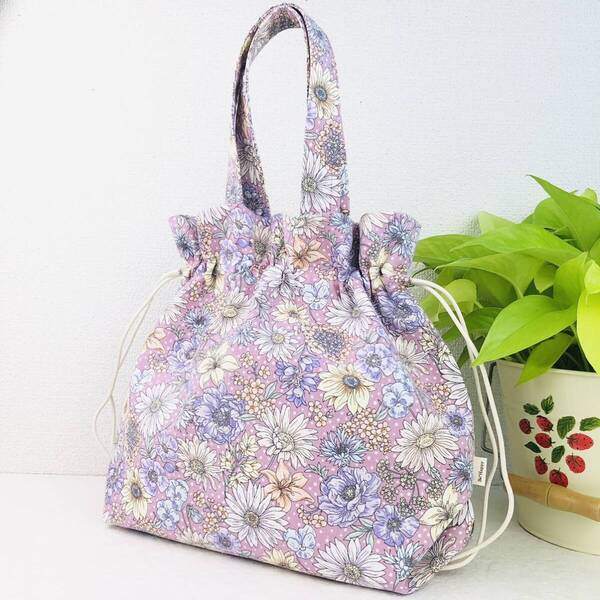 お花の巾着トートバッグ ハンドメイド エコバッグ トートバッグ 肩掛け 花柄 トート 花柄