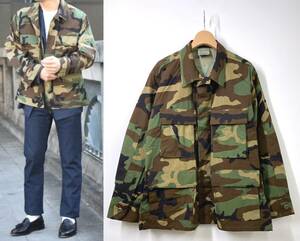 【デッドストック 90s】US ARMY カモフラ ミリタリージャケット M グリーン 緑 迷彩 ウッドランドカモ BDU リップストップ XX-SHORT