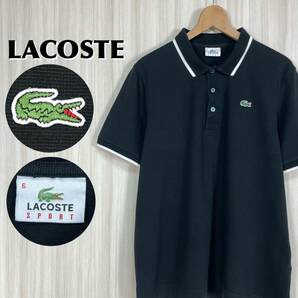 ☆王道☆希少デザイン☆LACOSTE ☆ラコステ スポーツ ワニ ロゴボタン ホワイトライン 半袖ポロシャツ サイズ6 ブラック 黒 XL相当 古着