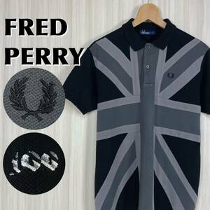* rare item * raw .100 anniversary commemoration model * FRED PERR Fred Perry embroidery month katsura tree . Union Jack polo-shirt with short sleeves L inscription black old clothes 