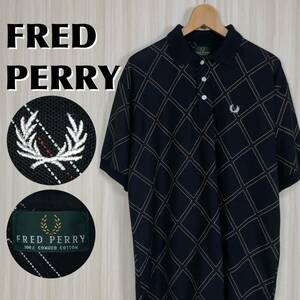 ☆希少デザイン☆FRED PERRY フレッドペリー 刺繍 月桂樹 ロゴボタン 格子柄 チェック柄 サイドスリット 半袖ポロシャツ ブラック XL 古着