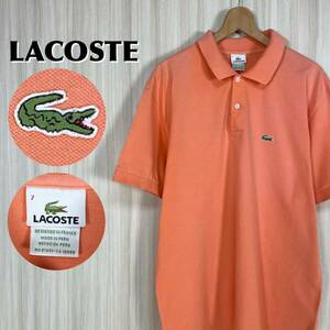 ☆王道クラシカル ☆希少カラー☆サイズ7☆LACOSTE ラコステ ワニ サイドスリット 鹿の子 半袖ポロシャツ サーモンピンク 2XL相当 古着