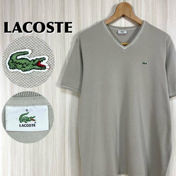 ☆希少アイテム☆ LACOSTE ラコステ ワニ 鹿の子 Vネック ティップドライン サイドスリット 半袖Tシャツ サイズ5 ライトグレー L寸 古着