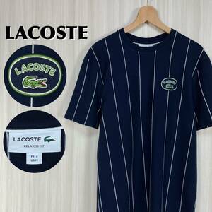 ☆希少アイテム☆ LACOSTE ラコステ 刺繍ワッペン ワニ ストライプ 半袖Tシャツ サイズ4 濃いネイビー 濃紺 ホワイト M〜L相当 古着