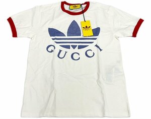 未使用 タグ付き GUCCI グッチ adidas アディダス 702612-XJEB1 XXS コラボ Tシャツ 半袖 メンズ アイボリー系 コットン トレフォイル ロゴ