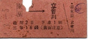 〈戦前〉硬券乗車券　東京駅→立會川（立会川）駅　三等　16銭　～昭和４年～