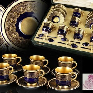 魁◆名家旧蔵 1900年初期 最高級 ROYAL WORCESTER 英国 金彩コバルトホワイトジュエル デミタスカップ&ソーサー6客 スプーンセット 専用箱の画像1