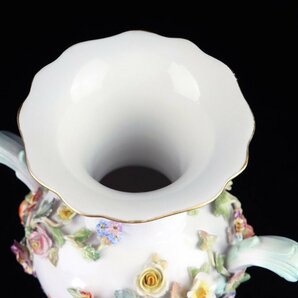 魁◆本物保証 Meissen オールドマイセン 花と実の浮彫花瓶 フラワーベース 5つ花 高さ19.5㎝ ボタン双剣 アンティークの画像6