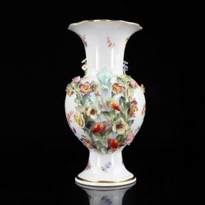 魁◆本物保証 Meissen オールドマイセン 花と実の浮彫花瓶 フラワーベース 5つ花 高さ19.5㎝ ボタン双剣 アンティークの画像5