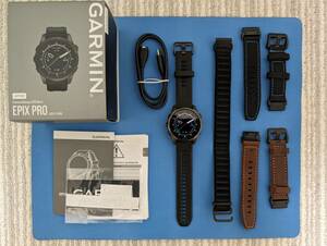 ★美品★GARMIN epix Pro (Gen2) 42mm Sapphire Carbon Gray DLC Ti / Black Band サードパーティー製バンド3種類付