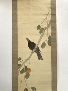 【真作】Y0373 長井一禾「柿に鳥」絹本 合箱 肉筆 明治時代~昭和時代の浮世絵師