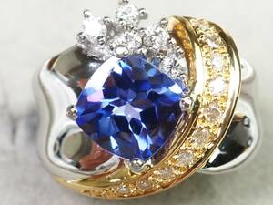 【3793M】鑑別付 Pt900/K18 天然タンザナイ 天然ダイヤモンド TZ 1.92ct/D 0.29ct/10.4g リング 指輪 ♯12