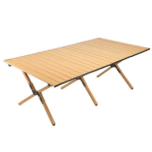 【特】ロールトップ アウトドアテーブル キャンプテーブル 折りたたみ式 簡単組立 軽量アルミ製 収納バッグ付 (120x60x45cm木目調)