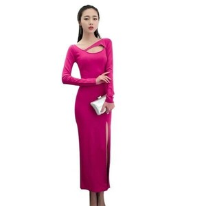  LAP dress long sleeve back exposure stretch high slit maxi height S line lady's hot pink L