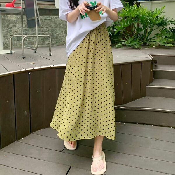 ドット柄 ロング スカート 春夏服 ボトムス　グリーン