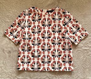 ZARA WOMAN 花柄　ブラウス　ベージュ　オレンジ　黒　茶色　トップス　北欧風　ファスナー　クロップド　ポリエステル100% プルオーバーS