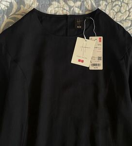  unused tag attaching Uniqlo × is natajima flair One-piece black ribbon back button long sleeve regular price 4,990 jpy L knees under cell roast rayon 