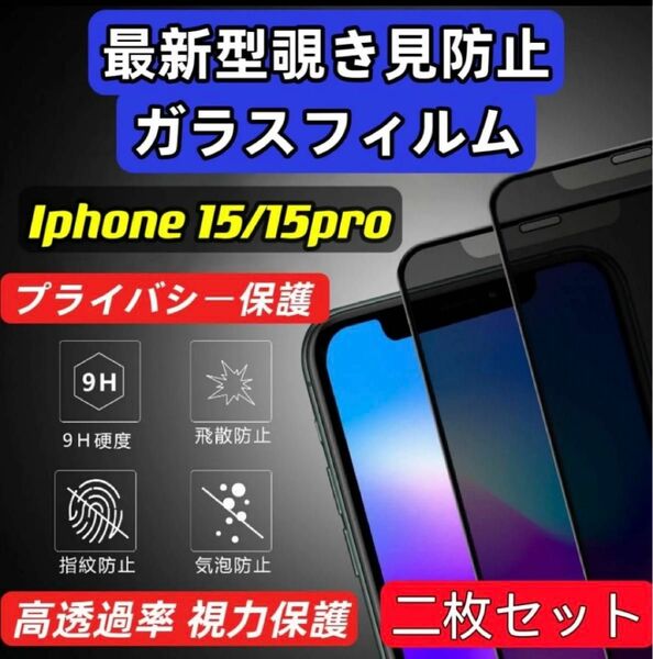 IPhone15/15pro 覗き見防止 フィルム 二枚セット ガラスフィルム 