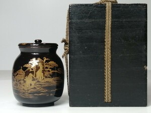  старый чайница лаковый покрытие лакировка вместе коробка царапина есть 0 чайная посуда чайная церемония чай входить лакированные изделия Edo времена антиквариат времена 