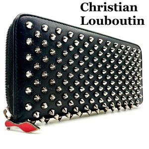 【極美品】クリスチャンルブタン Christian Louboutin 長財布 財布 wallet ラウンドファスナー スタッズ パネトーネ ブラック レザー 革