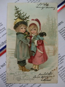 アンティーク　古いポストカード・絵葉書 * 双子と思えるほど似ている兄妹 * 1904年消印 