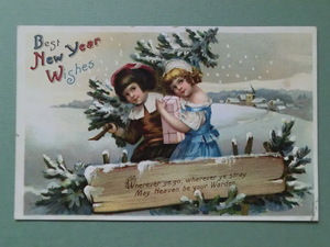 アンティーク　古いポストカード・絵葉書 * 雪の舞う新年を二人でお祝い * クラップサドル　1911年記載 