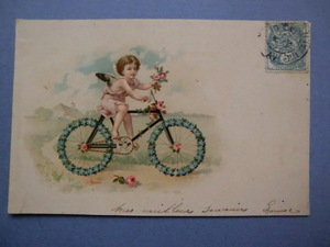 アンティーク　古いポストカード・絵葉書 　* お花の自転車でサイクリング * 未投函