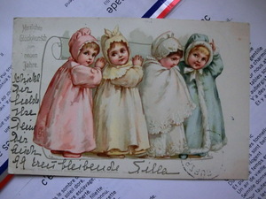 アンティーク　古いポストカード・絵葉書 　* 4人の可愛いお嬢ちゃん達 * 1899年消印