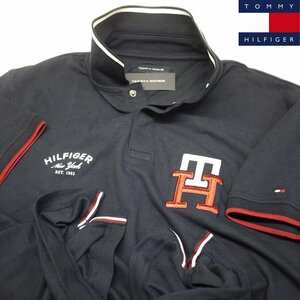 新品 トミーヒルフィガー 立体刺繍THロゴ ポロシャツ(XL) ネイビー ゴルフにも！TOMMY HILFIGER USAモデル /ba33