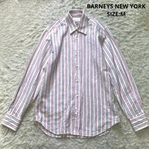 春夏素材 BARNEYS NEW YORK バーニーズニューヨーク ストライプ リネンシャツ 長袖シャツ サイズM ピンク_画像1