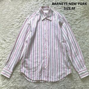 春夏素材 BARNEYS NEW YORK バーニーズニューヨーク ストライプ リネンシャツ 長袖シャツ サイズM ピンク