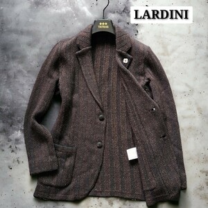 極美品☆LARDINI テーラードジャケット 最高級シルク 絹 ニットジャケット 茶 ブラウン シャドーストライプ イタリア製 ブートニエール 1円