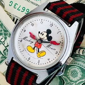  наручные часы мужской работа хороший Mickey Mouse механический завод 5000-700 серебряный серебряный античный аналог б/у Vintage работа woruto Disney U939