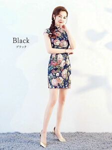 【新品】コスプレ　衣装　ショート丈　チャイナドレス　花柄　スリット　撮影　黒