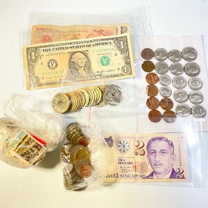 1円～ 国内・外 ほぼ使用済み 切手 旧コイン 古銭 穴銭 銀貨含 古札 USドル紙幣等 まとめ