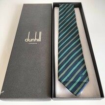 ダンヒル（Dunhill）紺2グリーンストライプDロゴネクタイ_画像1