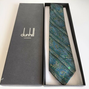 ダンヒル（Dunhill）ダークグリーンブルー花ストライプDロゴネクタイ