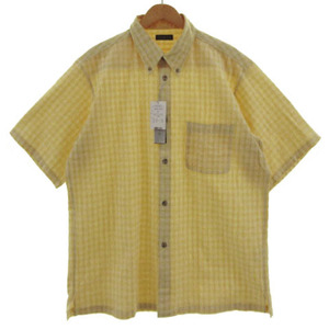 未使用品 ヴァンプス VUMPS シャツ ボタンダウン 半袖 胸ポケ コットン混 格子柄 イエロー 黄色 オフ白 50 メンズ